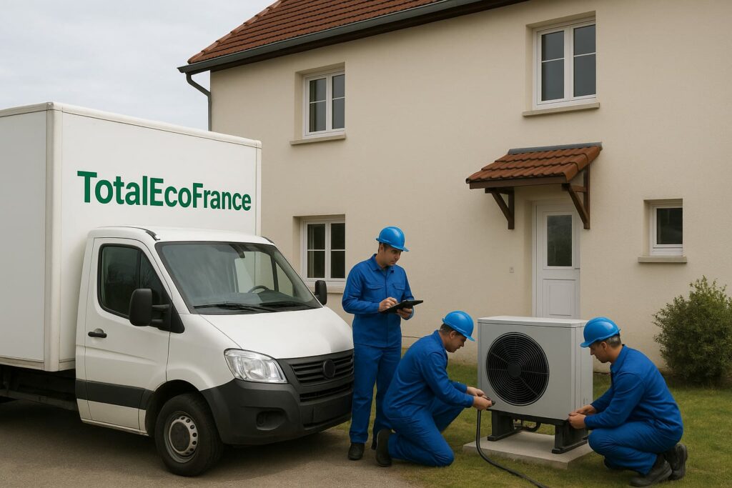 Camion de TotalEcoFrance transportant et installant une pompe à chaleur air-eau avec un ballon électrique 