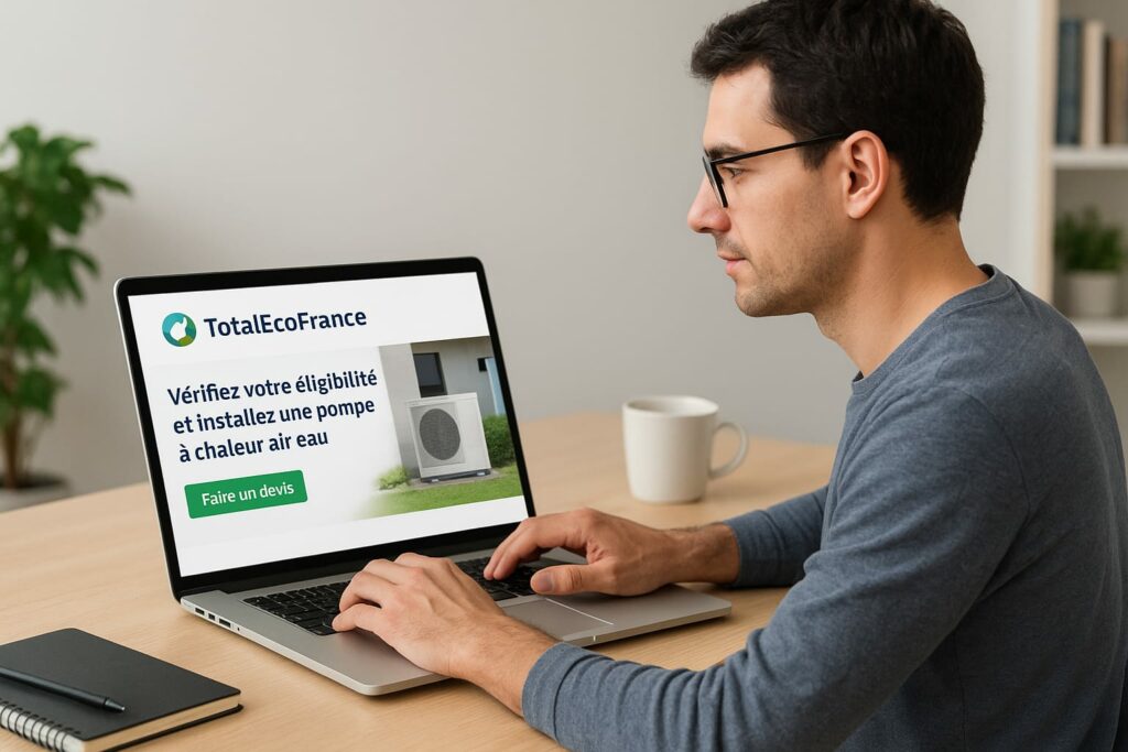 Cient sur la page de TotalEcoFrance en train de s'inscrire pour l'installation d'une pompe à chaleur 