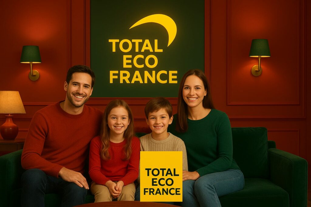 Famille heureuse dans le salon après l'installation d'une pompe à chaleur air-eau à 0€, Confort chaud et ambiance chaleureuse 